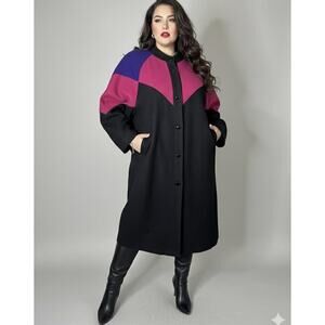 Vintage Komitor Coat Long Womens 2X Black Colorblock Wool Made In USA 80s